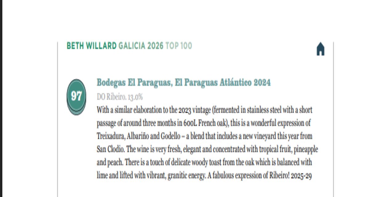 bodegelparaguas's tweet image. Muy contentos con las valoraciones de Beth Willard para @timatkin en el informe #Galicia 2026 de los mejores #vinos. Todos los blancos de @bodegelparaguas en el  #top 100.