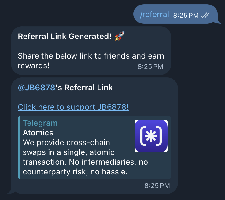 atomics_trade's tweet photo. Refer &amp; Earn with us! 💸🤝

Love using Atomic Swaps? Share the safety with your friends and get rewarded.

Check your referral link in the bot now! 👇

#Referral #Crypto #AtomicSwap https://t.co/EpAE3i4Tm8