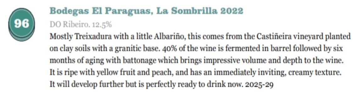 bodegelparaguas's tweet image. Muy contentos con las valoraciones de Beth Willard para @timatkin en el informe #Galicia 2026 de los mejores #vinos. Todos los blancos de @bodegelparaguas en el  #top 100.