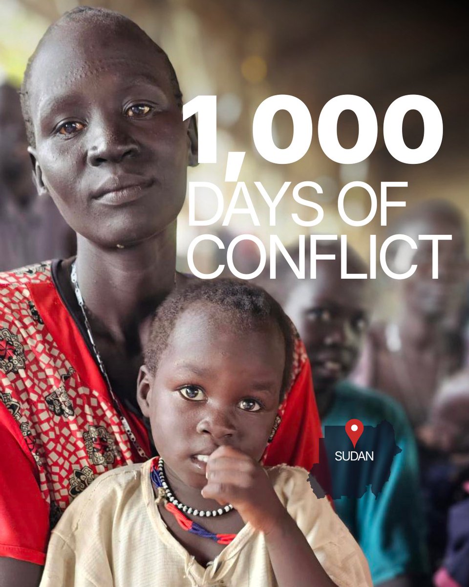 WorldVision's tweet image. Conflict in Sudan has reached the grim 1,000-day mark. With almost 13 million people displaced, it's what we and other humanitarian agencies are calling the world's most severe humanitarian disaster. And children are bearing the brunt of the conflict. ow.ly/quKB50XU6vz
