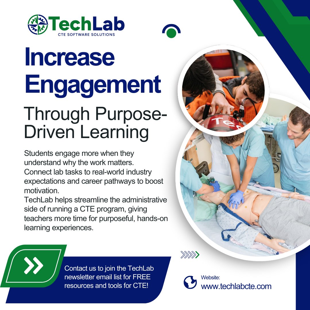 techlab_CTE's tweet photo. Students engage most when they see the purpose behind their work. Connecting lab tasks to real careers, using project-based learning, and giving authentic feedback boosts ownership and workforce readiness. TechLab keeps CTE programs organized so teachers can focus on teaching. https://t.co/FTbfqECRfP