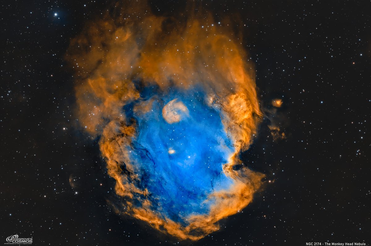 NGC 2174 — the Monkey Head Nebula — is live on Cosgrove’s Cosmos.  5.1 Hours in SHO. 

Captured as a “bonus target” after my primary target set - love those long Oct nights!

Full capture details + processing walkthrough here: cosgrovescosmos.com/projects/ngc21…

#Astrophotography