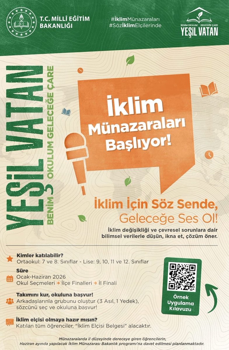 rizememisgb's tweet photo. 🌍 Ocak: İklim Değişikliği Ayı 🌱
📌ÇARE Projesi kapsamında ortaokul ve lise öğrencilerimiz için İklim Münazaraları başlıyor. 
📚Örnek Uygulama Kılavuzu ve temaya uygun hazırlanan tüm içerikler için:
👉https://t.co/bjA2TEKISa

@meb_dhgm @mebisgb @RizeMem53 @akmeseibrahim https://t.co/npHpQUVcpU