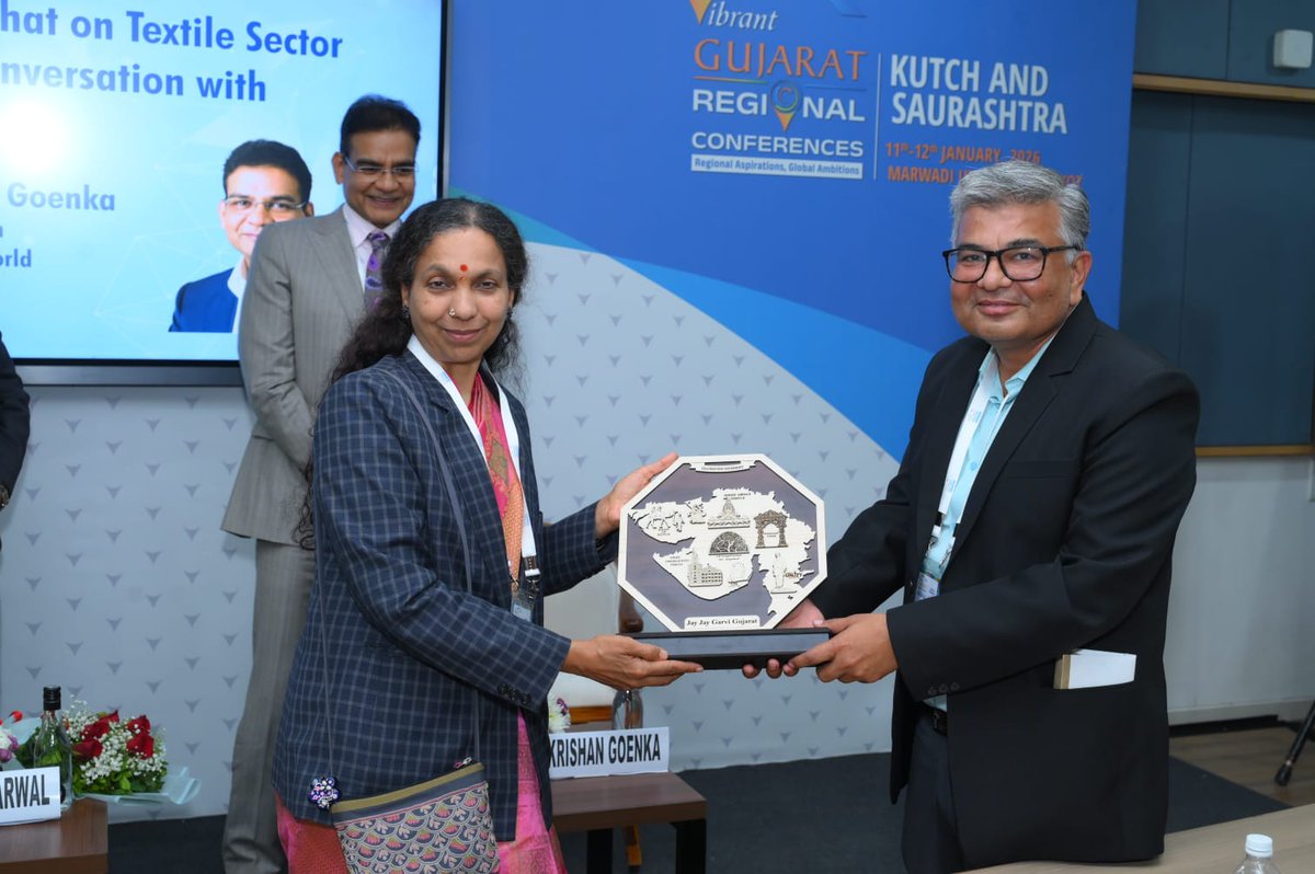 ASSOCHAM4India's tweet photo. A meaningful exchange of ideas shaped the fireside chat at the VGRC Kutch and Saurashtra, focusing on regional enterprise, industry leadership, and long-term economic resilience.  

Mr. B K Goenka, Past President, ASSOCHAM, shared industry perspectives on leveraging regional strengths to drive sustainable growth. The session also witnessed Mrs. Mamta Verma, IAS, ACS, Industries and Mines Department, Government of Gujarat, presenting a memento to Mr. Goenka, reflecting the strong partnership between industry and government. Dr Jayanti S Ravi, ACS, Revenue, Govt of Gujarat also marked her presence at the session.

Moderated by Mr. Prashant Agarwal, Joint Managing Director, Wazir Advisors, the fireside conversation brought together policy insight and on-ground industry experience.   

The session was organised by ASSOCHAM, under the aegis of the VGRC Saurashtra and Kutch, as part of its continued engagement with regional growth platforms. 

#ASSOCHAM #IndustryDialogue #RegionalGrowth #Gujarat #Saurashtra #Kutch

@CMOGuj @BKGoenka @JayantiRavi @Chintan771 @JaiminJShah @RipplePatel @WazirAdvisors
@SAGUJARAT @VibrantGujarat @iNDExtBureau
@perminder_kaur @BgVipul
