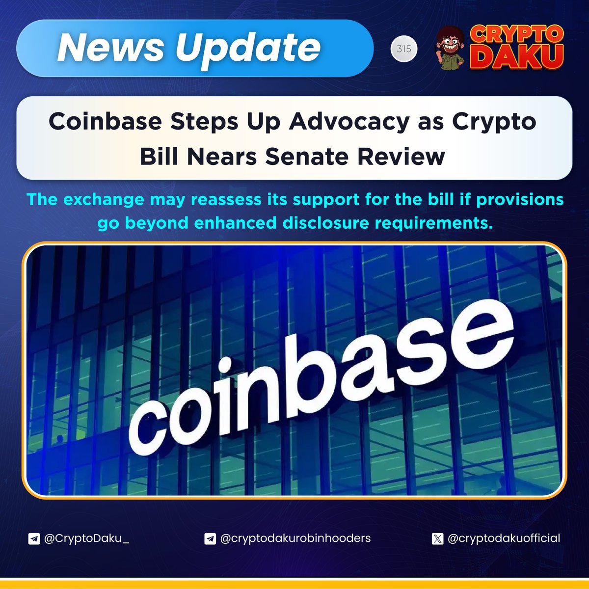 Coinbase Steps Up Advocacy as Crypto Bill Nears Senate Review ! Coinbase is  increasing pressure on US lawmakers as a major crypto market-structure bill  moves toward Senate markup, citing concerns over potential