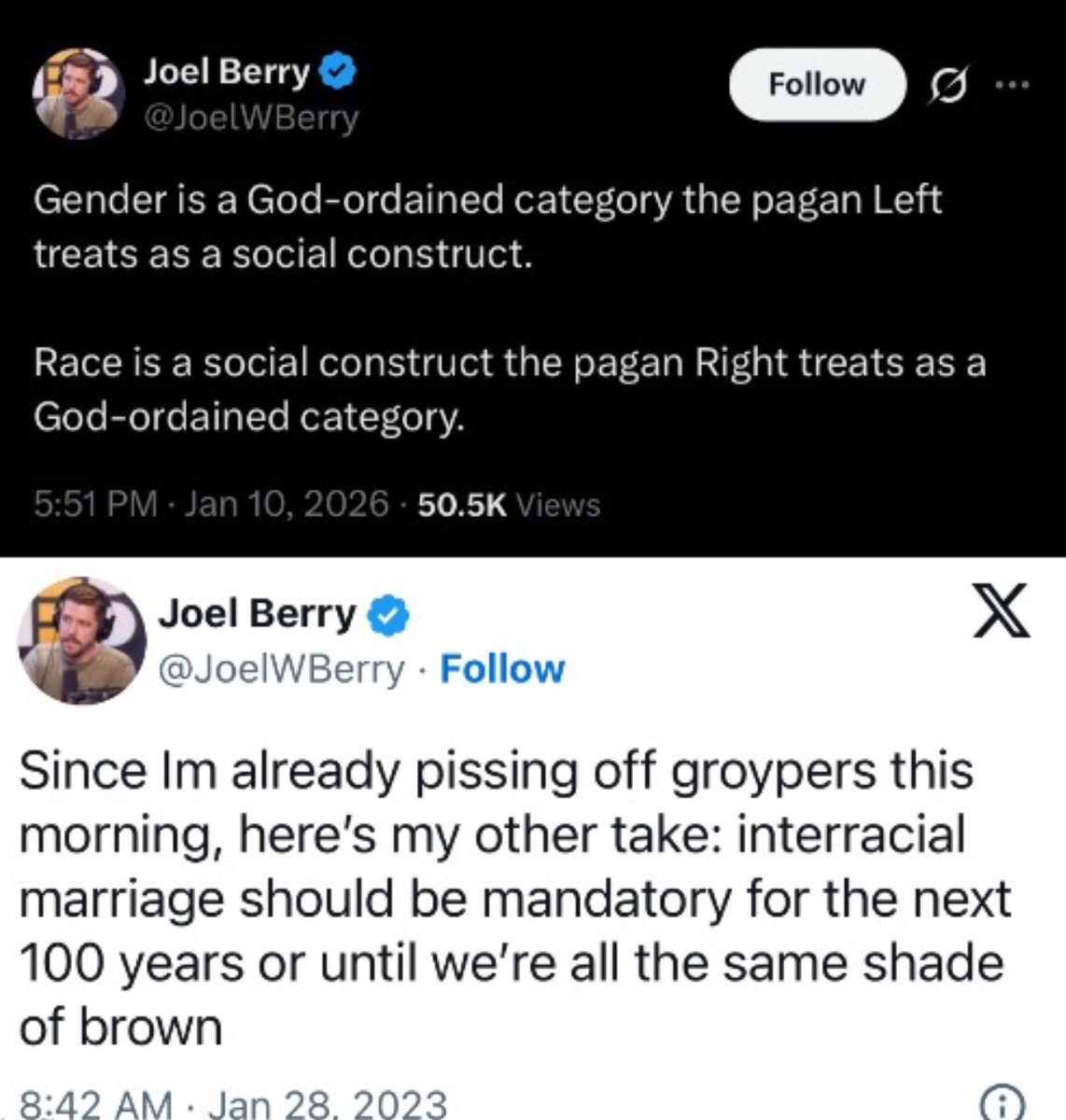 Kitler512's tweet image. “Race is just a social construct”

Also

“We should make interracial marriage mandatory until the White race is gone.”