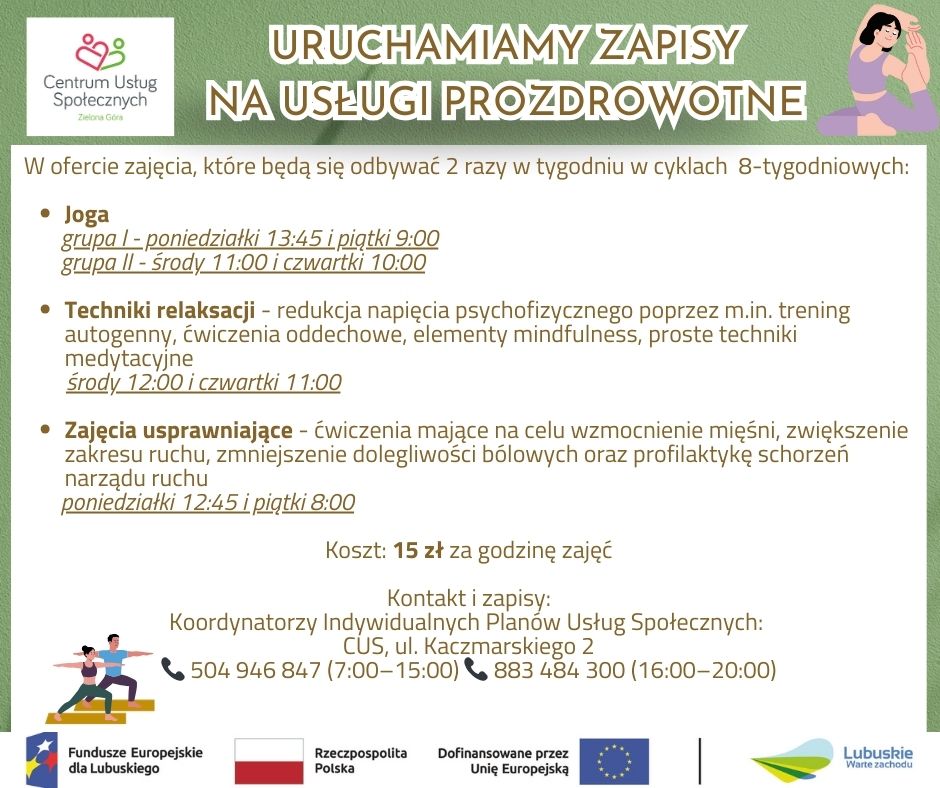 Centrum Usług Społecznych w Zielonej Górze zaprasza do udziału w zajęciach, które będą odbywać się dwa razy w tygodniu w cyklach 8-tygodniowych. Nie przegapcie okazji na poprawę swojego zdrowia i samopoczucia! #MiastoZG tiny.pl/j-vvhr87p