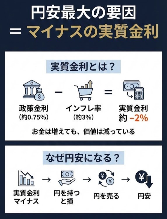 keitakeuchi0807's tweet photo. 10年前のドル円がいくらだったか憶えてますか？

2016年1月は1ドル115円。

実に40円以上円安になっています。

今の円安で一番問題になっていることが
実質金利がマイナスなこと。

そもそも
「実質金利って何？」
「なぜマイナスだと円が弱くなるの？」
こちらについてお話をしていきます。　

まず前提として、
物価は年々上がっていきます。

吉野家の牛丼が去年より高くなった。
いつものラーメン屋も値上げしていた。

こうした値段の上がり方を
インフレ率と呼びます。

インフレが行き過ぎると良くないので、
日銀は政策金利を設定して
物価上昇を抑えようとします。

現在の日本は
・政策金利：約 0.75%
・インフレ率：約 3%

実質金利は
政策金利 − インフレ率 なので、
日本の実質金利は −2%前後 という計算になります。

ここに少し違和感があります。

金利が0.75%なら、
銀行にお金を預けていれば
1年後には0.75%増えるはず。

（実際はもっと複雑ですが、考え方としてはこうです）

しかし現実には、
物価がそれ以上のスピードで上がっている。

年に2〜3%ずつ生活コストが上がるなら、
0.75%増えても実質的にはマイナスです。

つまり、
円は持っているだけで価値が減っていく通貨
という状態になります。

日本人はその円を毎日必死に働いて稼いでいます。

でもその円は時間が経つほど価値が目減りしていく。

それなら
「年0.75%しか増えない円を持つより、
もっと利回りのいい資産に換えた方がいいよね」
という判断になるのは自然です。

だから今の
実質金利がマイナスの日本円は、
海外投資家から見れば魅力が薄い。

そして一番割を食っているのは、
円を稼ぐことしか選択肢のない日本人
という構図になっています。