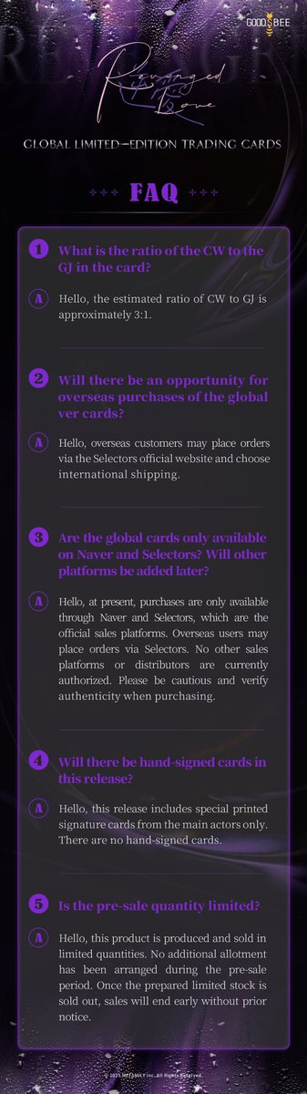 goods_bee's tweet photo. 【Revenged Love】 Global Limited-Edition Trading Cards – FAQ

Q1. What is the ratio of the CW to the GJ in the card?
A: Hello, the estimated ratio of CW to GJ is approximately 3:1.

Q2. Will there be an opportunity for overseas purchases of the global ver cards?
A: Hello, overseas customers may place orders via the Selectors official website and choose international shipping.

Q3. Are the global cards only available on Naver and Sellectors? Will other platforms be added later?
A: Hello, at present, purchases are only available through Naver and Sellectors, which are the official sales platforms. 
Overseas users may place orders via Sellectors. 
No other sales platforms or distributors are currently authorized. 
Please be cautious and verify authenticity when purchasing.
🛒Naver Smart Store (Domestic shipping within Korea): 
https://t.co/5CqC7aOHUD
🛒Sellectors (International shipping available): 
https://t.co/dCs4Ic93QS

Q4. Will there be hand-signed cards in this release?
A: Hello, this release includes special printed signature cards from the main actors only. There are no hand-signed cards.

Q5. Is the pre-sale quantity limited? 
A. Hello, this product is produced and sold in limited quantities. No additional allotment has been arranged during the pre-sale period. 
Once the prepared limited stock is sold out, sales will end early without prior notice.