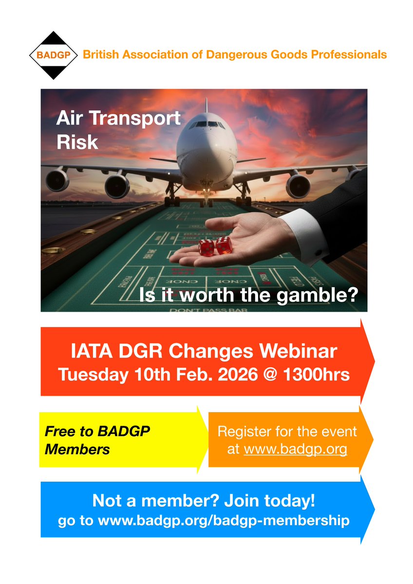 Does what you did for your air cargo needs last year meet the current requirements of this year? IATA DGR refreshes and improves their rules every year. 

Register for the IATA 2026 Updates webinar on 10th Feb 13:00 GMT: badgp.org/event-6509242

#badgp #dgsa #dangerousgoods #iata