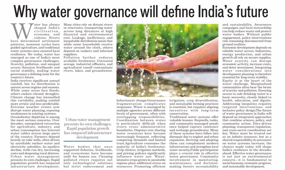 Rajmalhotrachd's tweet photo. 🚨 Why UPSC aspirants should NOT ignore this article 🤯🚨

This is not just about water — it is about India’s survival, economy, federalism, climate resilience, and governance capacity. Questions from this theme can appear in Prelims, GS-II, GS-III, Essay, and even Ethics case studies.

Save this.