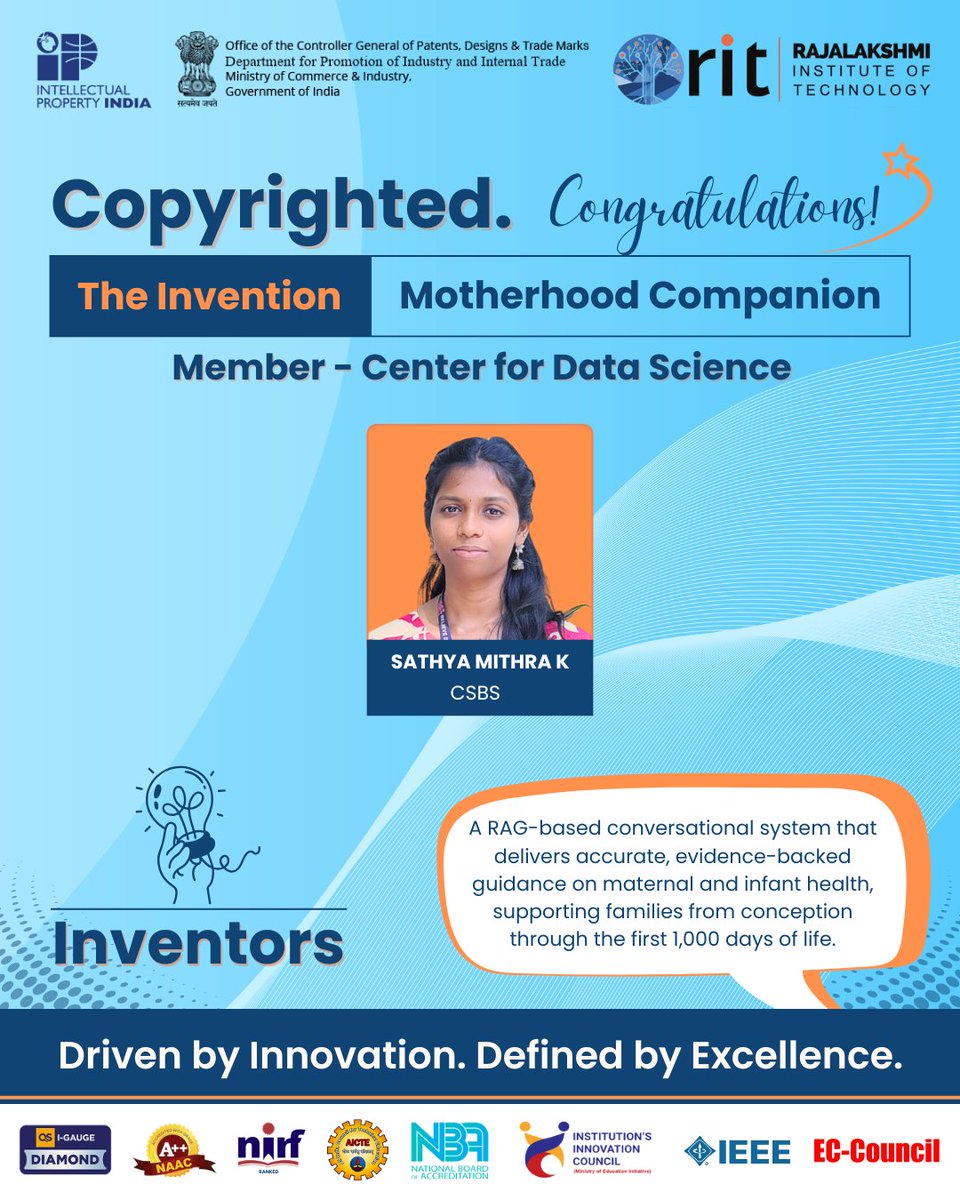 ritchennai44766's tweet photo. We are delighted to share that the invention “Motherhood Companion”, developed by members of the Center for Data Science, has been successfully copyrighted under the Government of India.

#StudentInnovation
#IndianInnovation #IPIndia #MakeInIndia #InnovationEcosystem https://t.co/bnLC9pkz2s