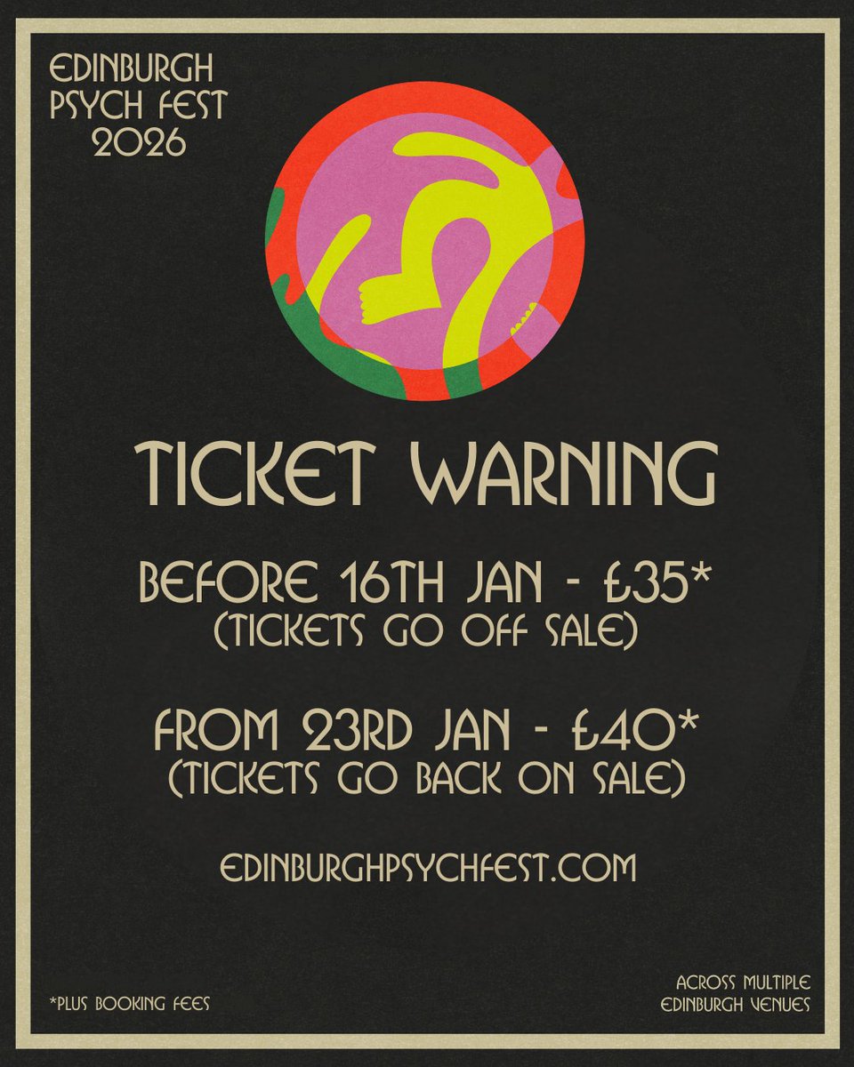 Edinburgh_Psych's tweet photo. A heads up that all early bird tickets for EPF26 will come off sale this Friday 16th Jan, giving you just a few more days to pick up your cheaper tickets via ...

https://t.co/TDRIK62vGB https://t.co/c542XkKavl