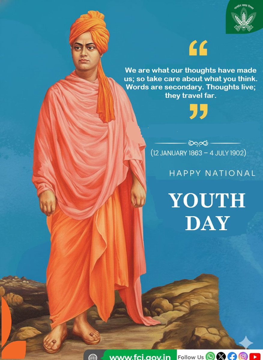 This National Youth Day, FCI honours Swami Vivekananda’s inspiring legacy and celebrates the energy of our youth-leaders of today and architects of tomorrow-whose determination fuels India’s food security mission.

#YouthDay
