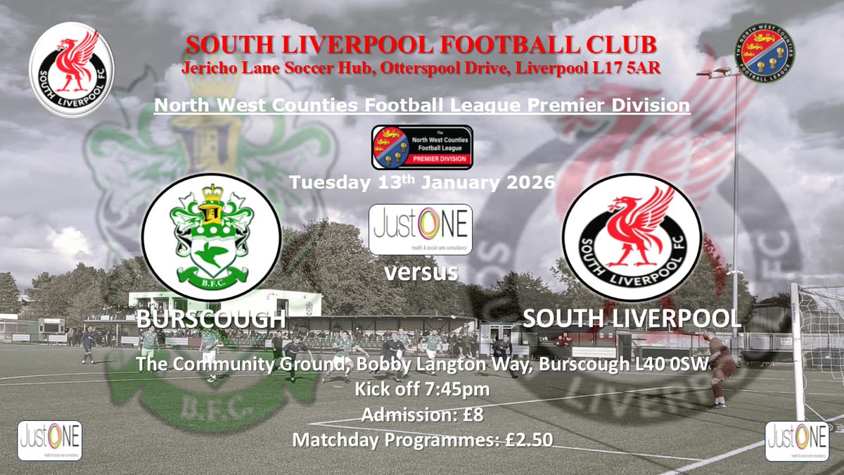 UP NEXT ⚪️⚫️🔴

📆 Tue 13/01/26
⚽️ <a href="/BurscoughFC1946/">Burscough FC</a>
🏆 <a href="/nwcfl/">The NWCFL ⚽️</a> Premier Division
⏱️ 7:45pm
📌 The Community Ground, Bobby Langton Way, Burscough L40 0SW
💰 Admission: £8
📚 Matchday Programmes: £2.50

#supportyourlocalclub
#ComeOnTheSouth