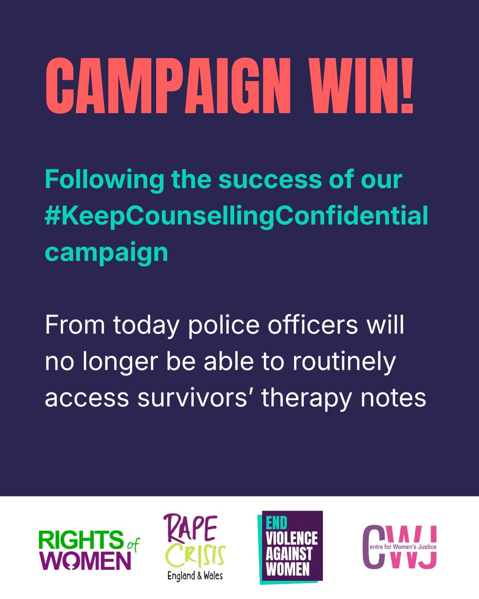 EVAWuk's tweet image. 📣 We’re delighted that from today, police officers will no longer be able to routinely access rape survivors’ private counselling notes,  after we changed the law to #KeepCounsellingConfidential