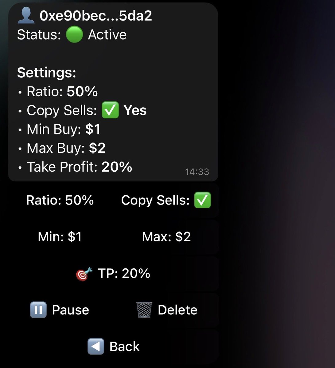 spectraview_io's tweet photo. New update in SpectraView 💎

More control over copy trading:
💎adjustable ratio
💎min / max buy limits
💎enable / disable sell copying
💎take profit

Copy trading isn’t blind copying.
It’s risk control

#SpectraView https://t.co/EYELFjPtp8