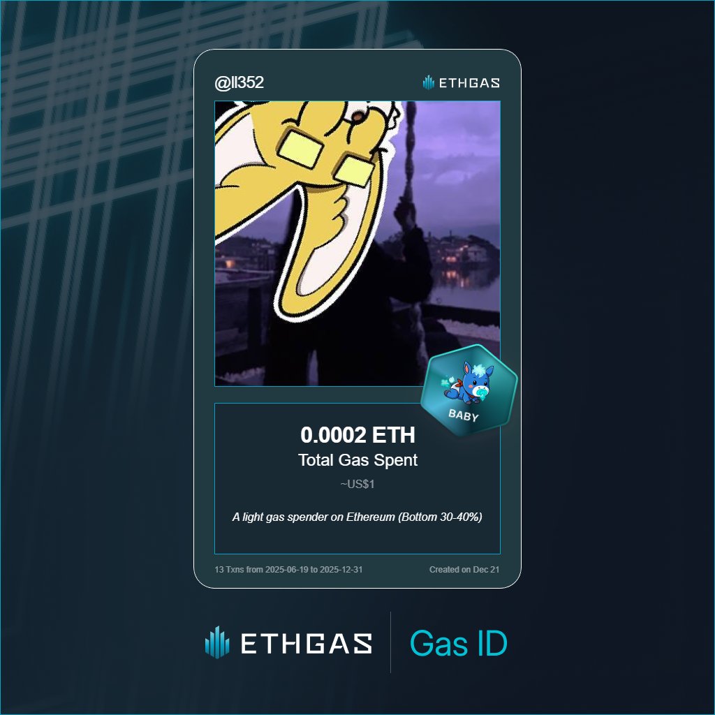 Leveled up in the Great Gas Reckoning with ETHGas! 💪

Baby Jack status: 0.0002 ETH gas spent, 1 Beans earned—supporting the Gasless Future!

Claim your Gas ID at ethgas.com/community/gas-…