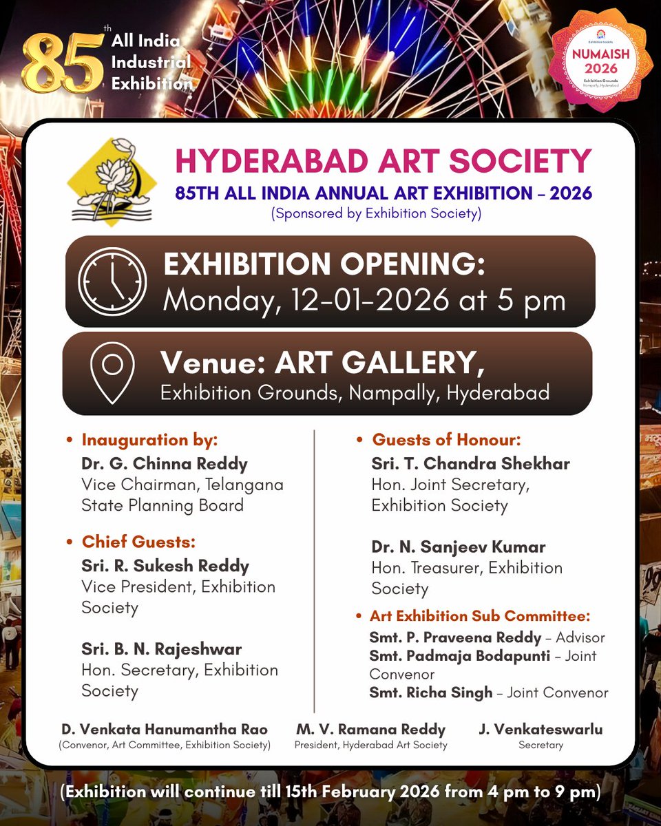 Numaish_Hyd's tweet photo. Experience creativity at its finest at the 85th All India Annual Art Exhibition – 2026 by Hyderabad Art Society. 📷
Join us for an inspiring celebration of art, culture, and talent at Nampally Exhibition Grounds, #Hyderabad.

#HyderabadArtSociety #ArtExhibition2026 #Numaish2026 https://t.co/QygFchc05h