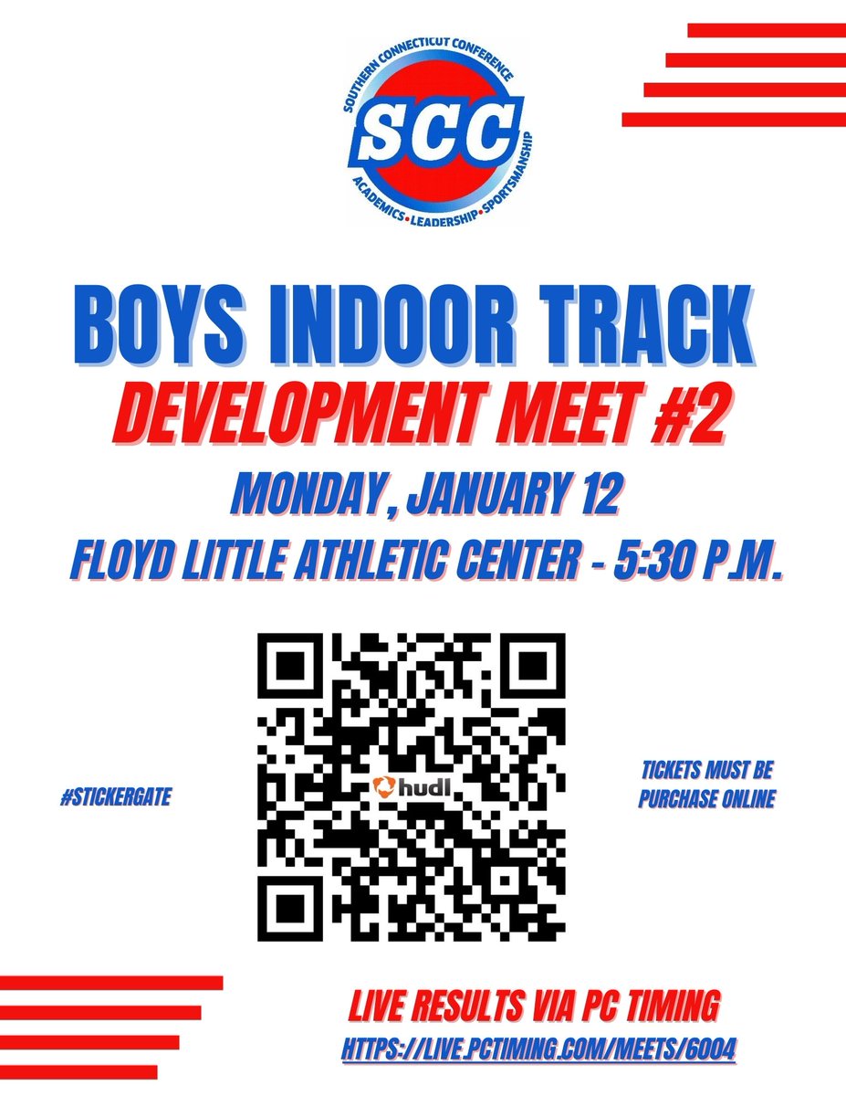 SCCcommissioner's tweet image. SCC Boys Indoor Track Development Meet #2 - 5:30 p.m. at Floyd Little Athletic Center 

Tickets must be purchased online -- fan.hudl.com/tickets/VGlja2…

#stickergate #cttrack #SCC