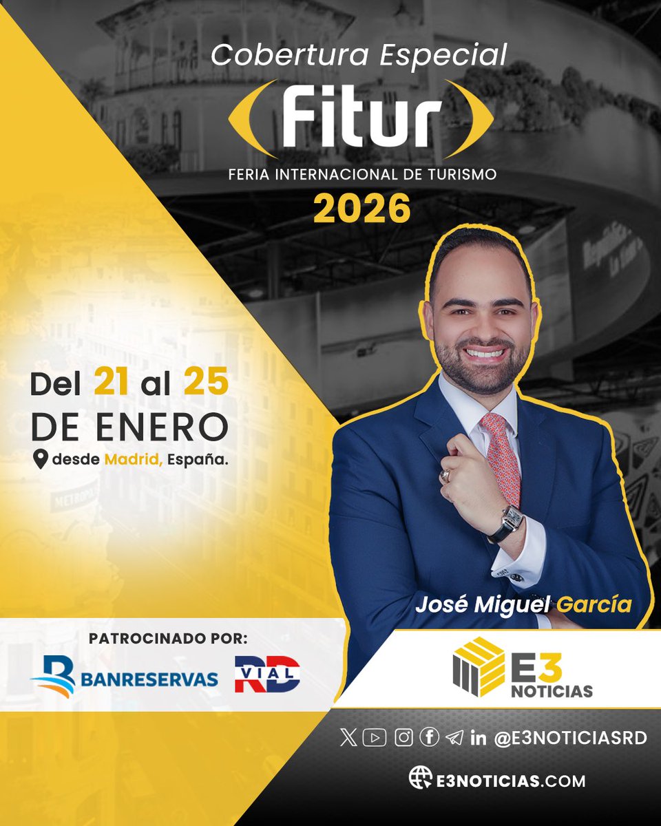 🔴 E3 Noticias rumbo a FITUR 2026 🇪🇸✈️

Donde el mundo mira al turismo, E3 Noticias estará presente para contarte la historia, desde el principal escenario de la industria turística global.

📍 Madrid, España
📅 Del 21 al 25 de enero

#E3NoticiasRD #E3NoticiasFitur #Fitur2026E3