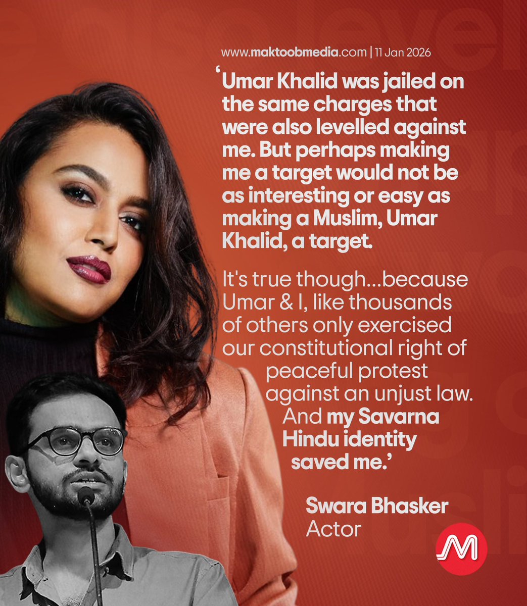 Same charges were levelled against me and #UmarKhalid but he is in jail and I am not. Because Umar is a Muslim and I am a Savarna Hindu.
Sawara Bhaskar ( Actor)