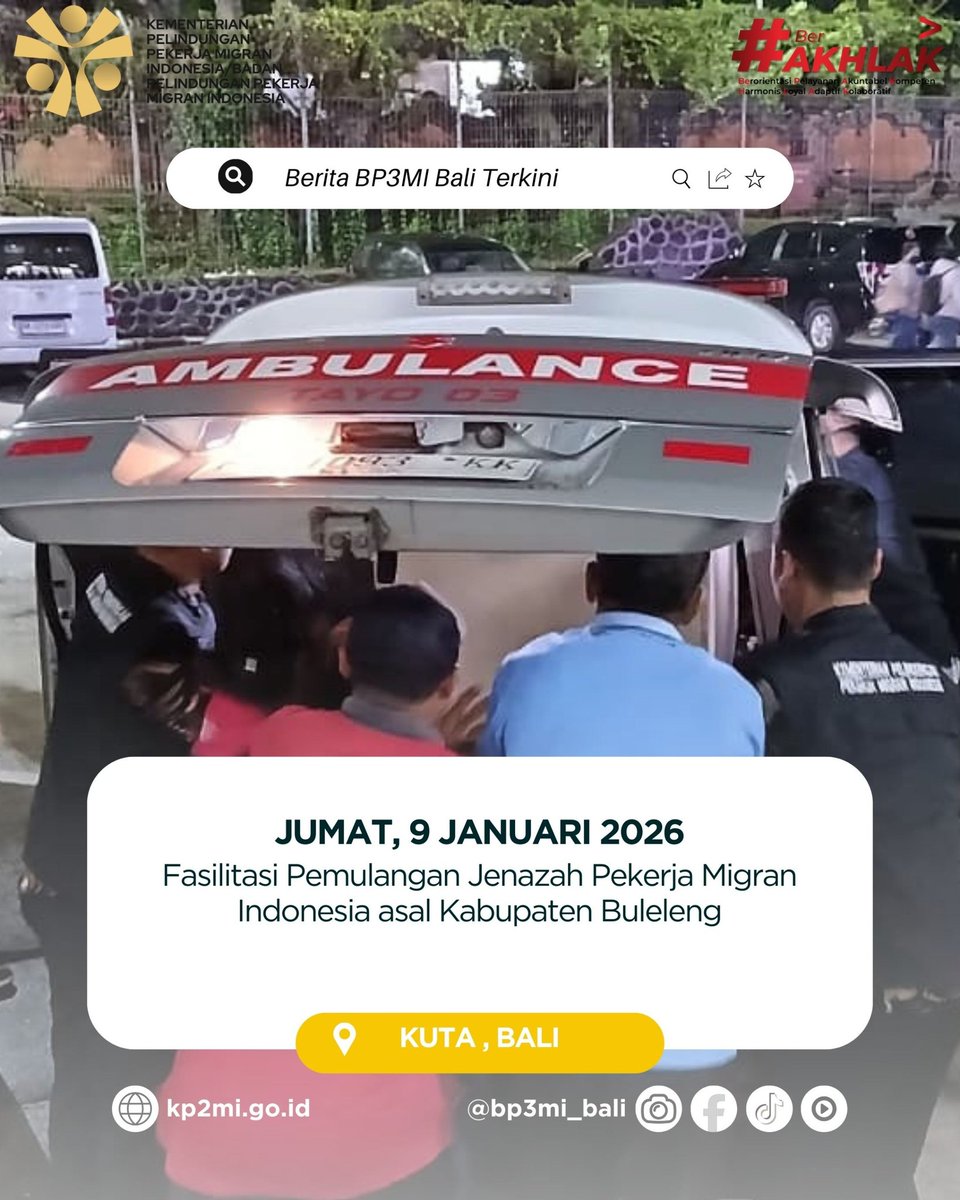 bp3mi_bali's tweet photo. Fasilitasi Pemulangan Jenazah PMI asal Buleleng

Pada hari Jumat, 9 Januari 2025, telah dilaksanakan fasilitasi pemulangan jenazah Pekerja Migran Indonesia (PMI) asal Kabupaten Buleleng dari Jepang.

🤍 Doa terbaik untuk almarhum dan keluarga 🤍 https://t.co/WbJE1R5ImZ