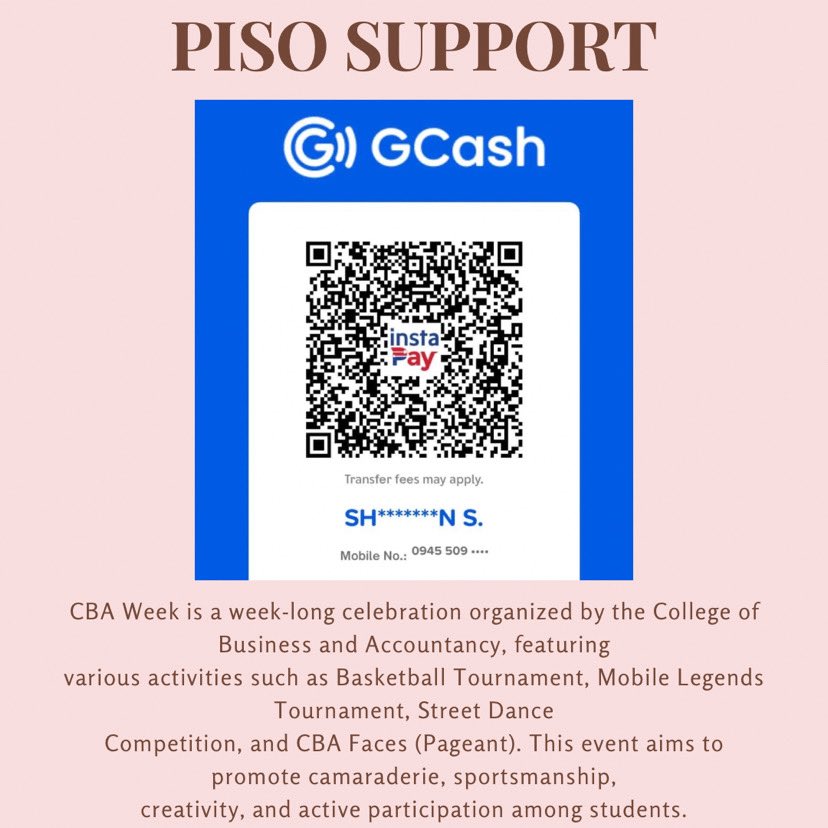 🔥 PISO SUPPORT FOR CBA WEEK! 🔥

Proudly supporting all my students for CBA Week! ₱1 can help make this event a big success! 🏀🎮💃👑

📲 Scan the GCash QR
