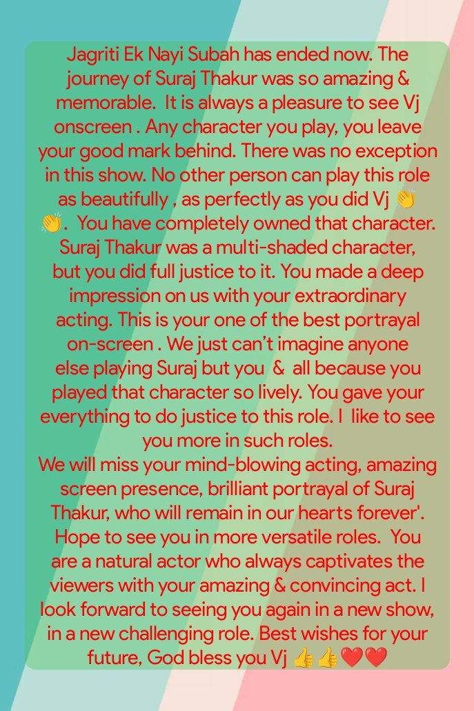 We'll terribly miss #VijayendraKumeria as #SurajThakur ❤️❤️U brought d charctr 2 life onscreen with ur outstanding acting skills,that has left a lasting impression on our hearts.I look forward 2seeing u in a new show, in a new challenging role. Best wishes👍❤️ #JagritiEkNayiSubah