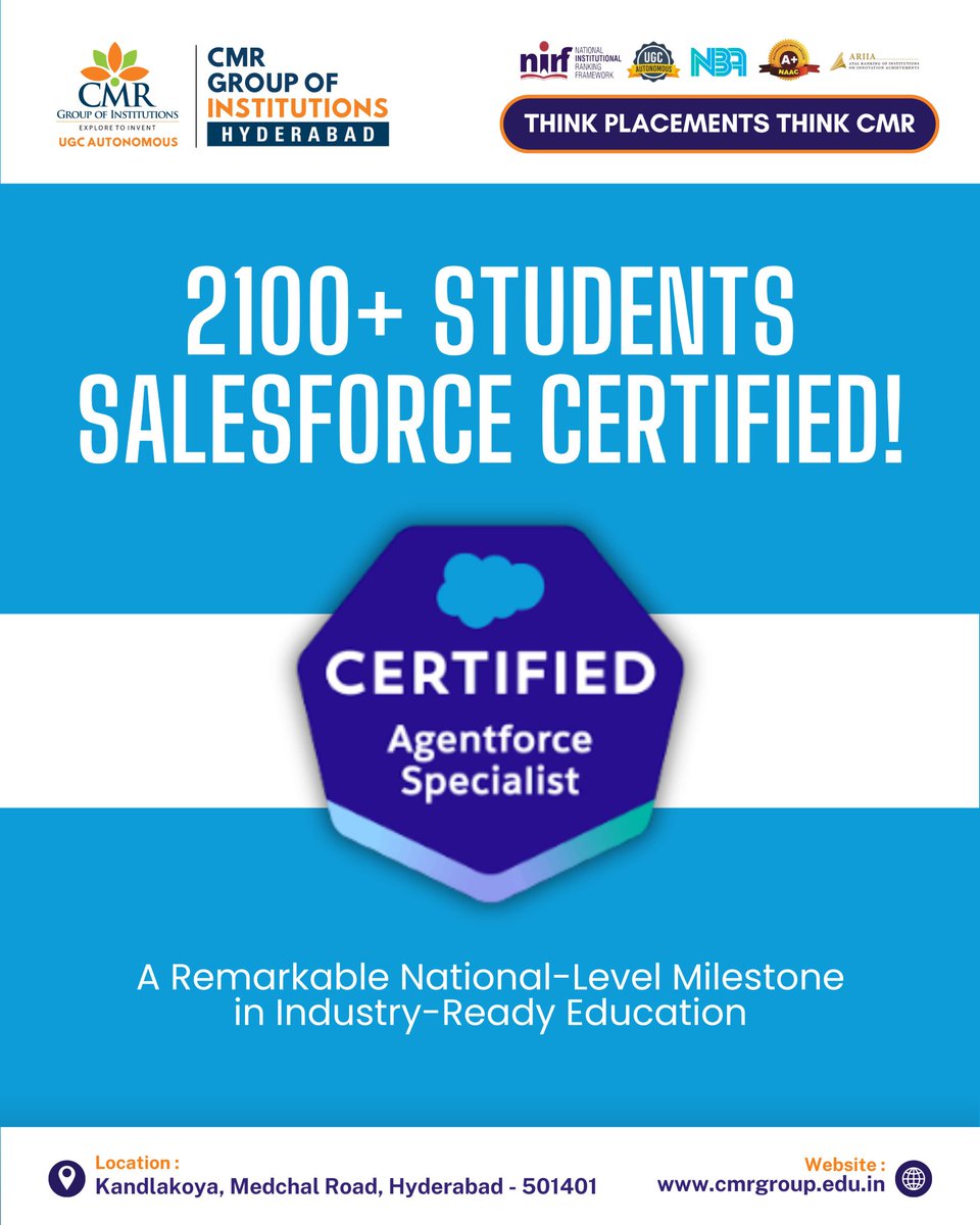 A powerful milestone for CMR Group of Institutions, Hyderabad! 🎓🚀

Over 2100+ students are now Salesforce Certified – Agentforce Specialists, marking a national-level achievement in industry-ready education.

#CMRGI #SalesforceCertified #AgentforceSpecialist #HyderabadColleges