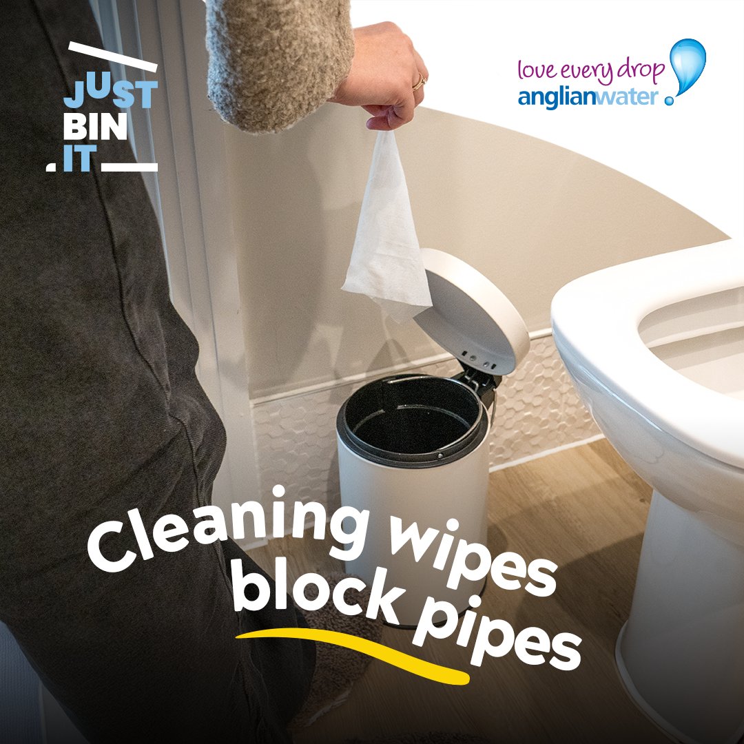 JUST BIN IT to avoid blocked pipes​... 
Wipes are handy to have around. They may look the same as toilet paper, but wipes don't break down and can take thousands of years to disappear. They belong in the bin and not down the loo!🚽
<a href="/AnglianWater/">Anglian Water</a> - #LoveEveryDrop #JustBinIt
