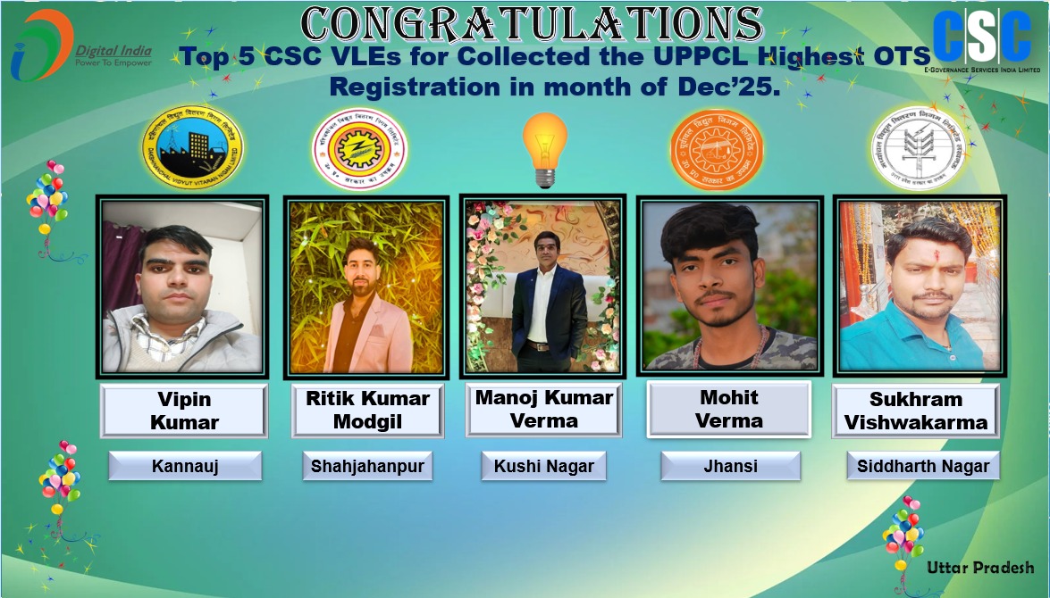 Congratulations to the top-performing 5 VLEs for the highest OTS registrations in December'25 in Uttar Pradesh. Keep up the good work and continue the momentum!💐 <a href="/CSCegov_/">CSCeGov</a> <a href="/CSCUttarPradesh/">CSC Uttar Pradesh</a> <a href="/UPPCLLKO/">UPPCL</a> <a href="/rkmishra011/">Rajesh Mishra</a>