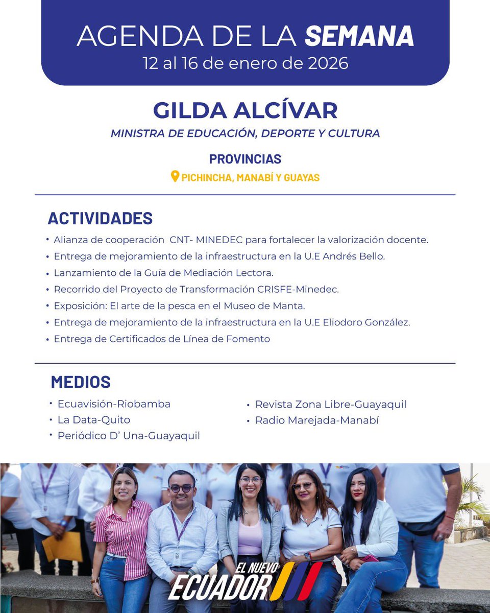 🤝 Del 12 al 16 de enero, la ministra de Educación, Deporte y Cultura, <a href="/GildaAlcivarOk/">Gilda Alcívar</a>, cumplirá una agenda de trabajo en territorio y espacios de diálogo con medios, enfocada en el seguimiento a iniciativas que fortalecen el sistema educativo, promueven el desarrollo cultural y