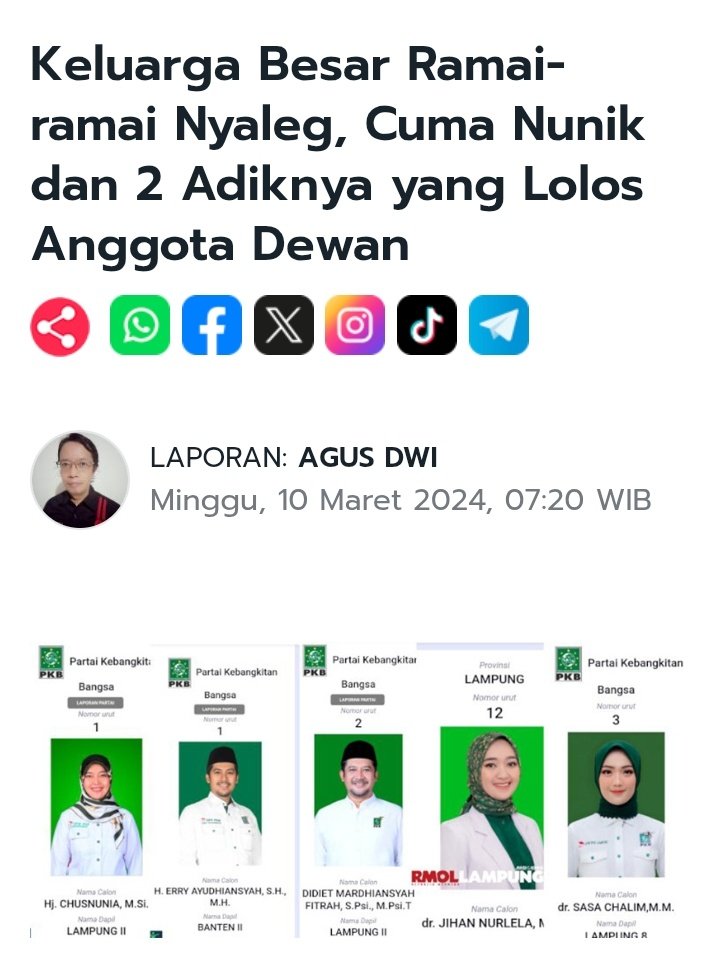 direktoridosen's tweet photo. Satu Menang, Semua Gugur.
Menekan Syahwat Politik Dinasti Keluarga

Kita sering melihat pemandangan yang ganjil saat pelantikan anggota dewan. Di satu ruangan yang sama, ada bapak yang dilantik bersama anaknya, atau suami yang duduk sejajar dengan istrinya. Bahkan di banyak daerah, kursi DPRD Provinsi dikuasai sang kakak, sementara kursi DPRD Kabupaten diisi oleh adik atau sepupunya.
1 Dapil diperas habis untuk satu keluarga.

Fenomena ini membuat lembaga legislatif kita pelan-pelan berubah menjadi urusan arisan keluarga, bukan lagi tempat pengabdian untuk rakyat secara luas.
Masalah utama dari tumpukan keluarga dalam politik adalah mampetnya kaderisasi. 
Rugi sekali, partai politik.
Kaderisasi berpotensi mampet.

Partai politik jadi malas mencari orang hebat di luar sana karena lebih mudah mencalonkan kerabat pejabat yang sudah punya nama dan modal. 

Akibatnya apa?
kebijakan di sebuah daerah bisa disetir hanya dari satu meja makan keluarga saja. Jika ini dibiarkan, demokrasi kita hanya akan menjadi panggung bagi mereka yang punya "darah biru" politik, sementara anak muda berprestasi yang tidak punya koneksi keluarga akan sulit mendapat tempat.
Untuk menghentikan ini, kita butuh aturan yang tegas dan sedikit "radikal". 

Satu menang, semua gugur. 
Aturannya sederhana, dalam satu keluarga besar, yang dihitung hingga garis keturunan kakek, hanya boleh ada satu orang yang menjabat di wilayah/dapil yang sama. 

Jika sang kakak berhasil terpilih di DPR RI, maka otomatis adik, sepupu, atau keponakannya yang mencalonkan diri di DPRD Provinsi atau Kabupaten di wilayah yang masih dalam satu cakupan daerah pemilihan tersebut harus dinyatakan gugur. 

Meskipun mereka meraih suara terbanyak, posisi mereka harus digantikan oleh caleg lain di bawahnya.
Batasan hingga garis kakek ini penting untuk menutup semua celah.  Selama ini, telah terjadi ekspansi keluarga, mereka akan memajukan keponakan atau sepupu sebagai "pion" kekuasaan.
Menguasai tiap jengkal jabatan legislatif dan eksekutif. 
Kakak DPR RI,
Suami DPD RI,
adik DPRD Provinsi,
paman DPRD Kabupaten,
bahkan ada keluarga inti, yang menjabat bupati dan wakil gubernur di periode yang sama.
Kecanduan APBN itu, namanya.

Saya menjamin, aturan ini tetap memberikan ruang gerak yang adil. 
Jika ada anggota keluarga yang ingin tetap berpolitik, mereka dipersilakan maju di provinsi lain yang berbeda dengan wilayah/ dapil utama keluarga terpilih.

Misal,
kakak DPR RI dapil Lampung 2, sang adik boleh mencalonkan diri jadi DPRD Provinsi Sumsel, dapil 5. dst...
Hal ini bertujuan agar mereka benar-benar berjuang membangun basis massa baru karena kompetensi, bukan sekadar mendompleng nama besar dan pengaruh keluarga di daerah asal.
Jika ybs terpilih, jadi DPRD Provinsi Sumsel.
Maka tidak boleh ada lagi keluarga yang terpilih di seluruh kabupaten di sumsel.

baik mencalonkan diri sbg DPRD Kab/kota, maupun Gubernur, Bupati/walikota dan wakilnya.
Aturan ini akan memaksa satu keluarga untuk berdiskusi,
siapa di antara mereka yang paling mumpuni untuk maju di kandang sendiri. 
Di sisi lain,
partai politik akan terpaksa menoleh kepada kader-kader lain yang selama ini tenggelam di bawah bayang-bayang dinasti. PKS pasti seneng² aja dg aturan ini.

Dengan sistem eliminasi hierarki dan pembatasan wilayah ini, kita tidak lagi melihat satu keluarga menguasai anggaran dari tingkat pusat sampai daerah secara linier. 
Demokrasi harus dikembalikan kepada rakyat banyak, bukan menjadi warisan yang turun-temurun dari kakek ke cucu di satu wilayah yang sama.

di daerah mu dinasti siapa yang berkuasa? 

📹: RMOL Lampung