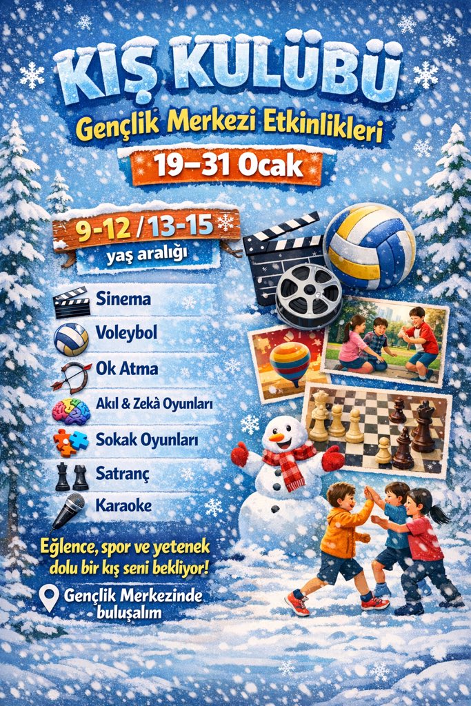❄️ Kış Kulübü Başlıyor! ❄️
Eğlence, spor ve dostluk bu kış aynı çatı altında!

🎬 Sinema
🏐 Voleybol
🏹 Ok atma
♟️ Akıl &amp; Zeka Oyunları
🎯 Sokak Oyunları
♟️ Satranç
🎤 Karaoke

🗓 19–31 Ocak
📍Başvurular için Gençlik Merkezimize bekliyoruz.