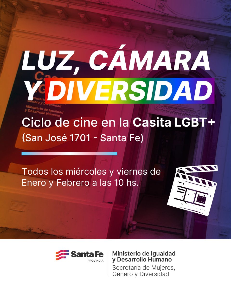 🎬✨LUZ, CÁMARA Y DIVERSIDAD ✨🎬
Ciclo de cine en la Casita LGBT+ 🌈

Te invitamos a compartir historias que emocionan, interpelan y celebran la diversidad a través del cine.

📍 San José 1701, Santa Fe
🗓 Miércoles y viernes de enero y febrero
⏰ 10 hs

🎞 ¡Comenzamos el 14/01!