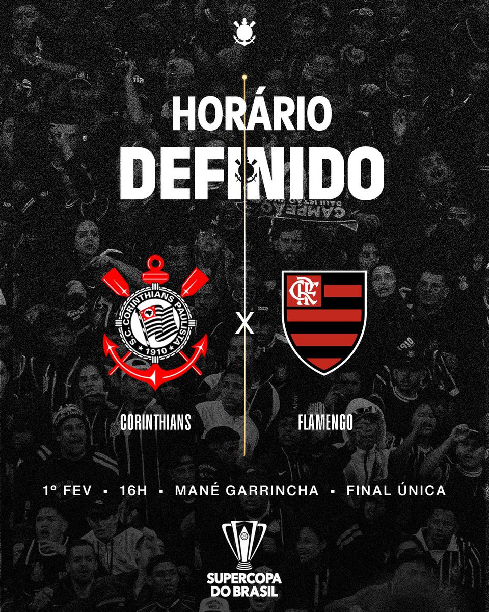 Corinthians's tweet image. Horário definido! ☑️

Os detalhes da Supercopa para vocês, Fiel Torcida. 🏴🏳️

#VaiCorinthians