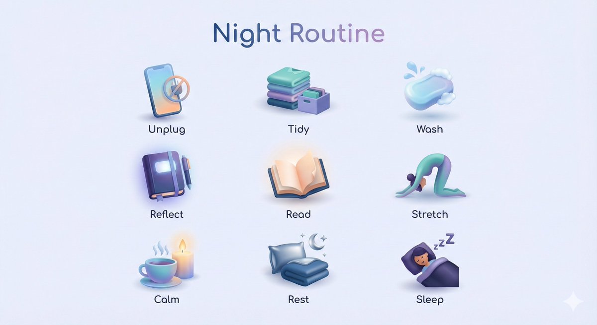 Daily Ritual Icons

Gemini Nano Banana Pro Prompt:

Create a collection of icons representing [ROUTINE / PROCESS / HABITS], with each icon depicting one specific routine step and clearly labeled by name.

They belong together as a single cohesive theme. The background is pure