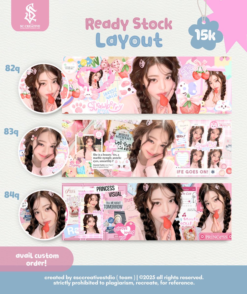SCCREATIVEarts's tweet image. Help retweet? thank u 💗
Hai, aku membawa layout ready stock dari Wonyoung, Kya &amp;amp; Ian.

Yok ubah vibes jadi lebih fresh dengan layout cute ini! ☎️ @sccreativestdio 
#zonauang #zonaba