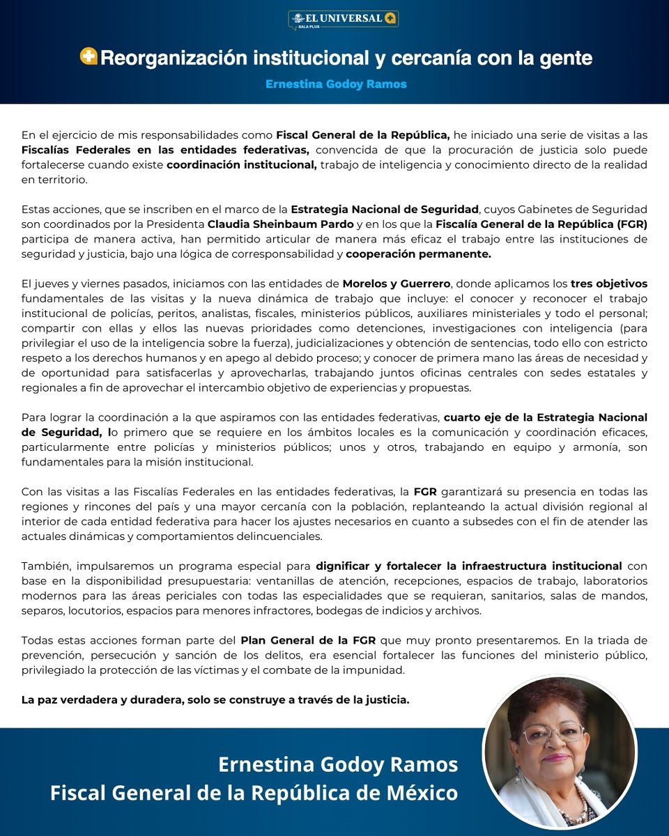 Como parte de la Estrategia Nacional de Seguridad, en la que trabajamos en la <a href="/FGRMexico/">FGR México</a>, la semana pasada visité las Fiscalías de Morelos y Guerrero. Esto es solo el comienzo de una serie de acciones que realizaré en cada entidad federativa, con el objetivo de fortalecer la
