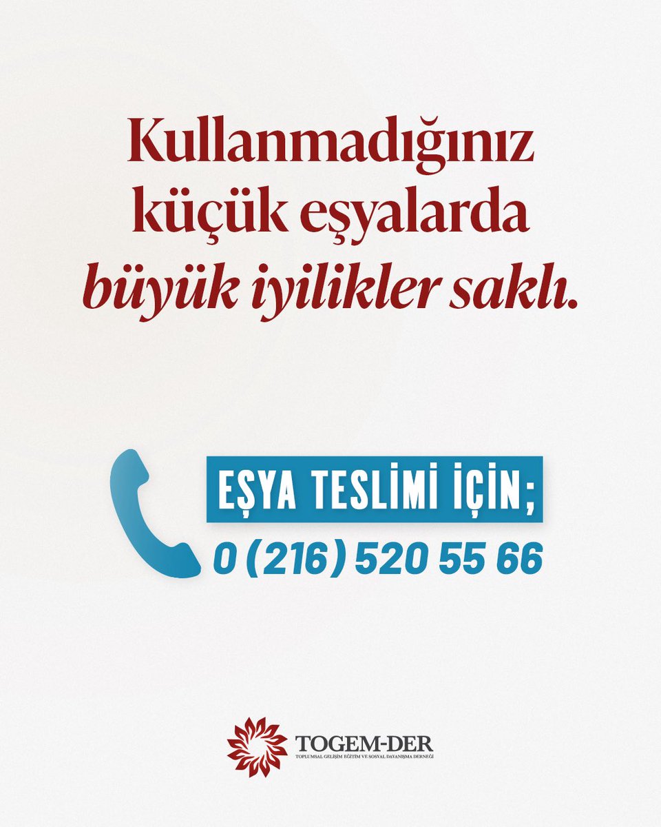 togemder's tweet image. Kullanmadığınız küçük eşyalarda BÜYÜK İYİLİKLER saklı

Evinizde ofisinizde kullanmadığınız eşyaları alıp, gerekliyse tamir edip yeni sahipleriyle buluşturuyoruz. 

İyiliğin parçası olmak için; 0216 5205566