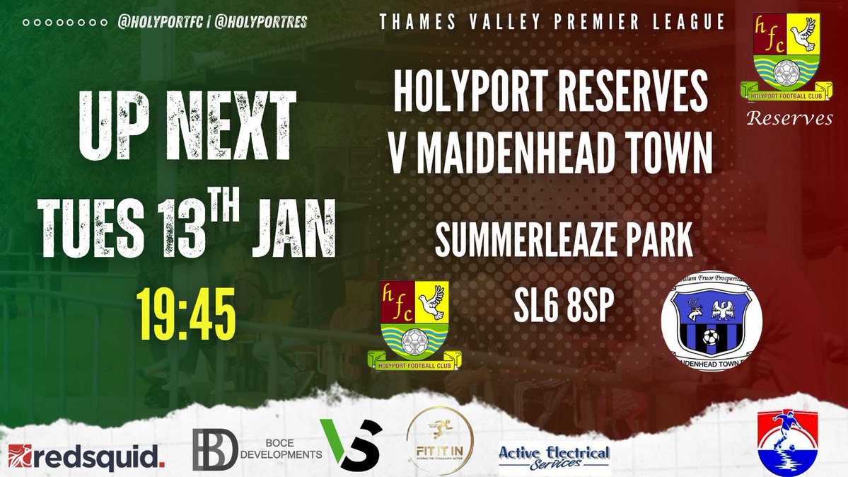Tomorrow night we host the local derby!

📆 Tues 13th Jan
🕖 7.45pm
📍 SL6 8SP
🆚 <a href="/Maidenhead_Town/">Maidenhead Town FC</a>
🏆 <a href="/ThamesValleyPL/">Thames Valley PL</a>

Free entry &amp; parking, our 5⭐️ teabar open &amp; 50/50 cash draw!

#HolyportFC #uptheport #groundhopper <a href="/fiberkshire/">Football in Berkshire</a> #step7 #oneclub @nonleaguecrowd