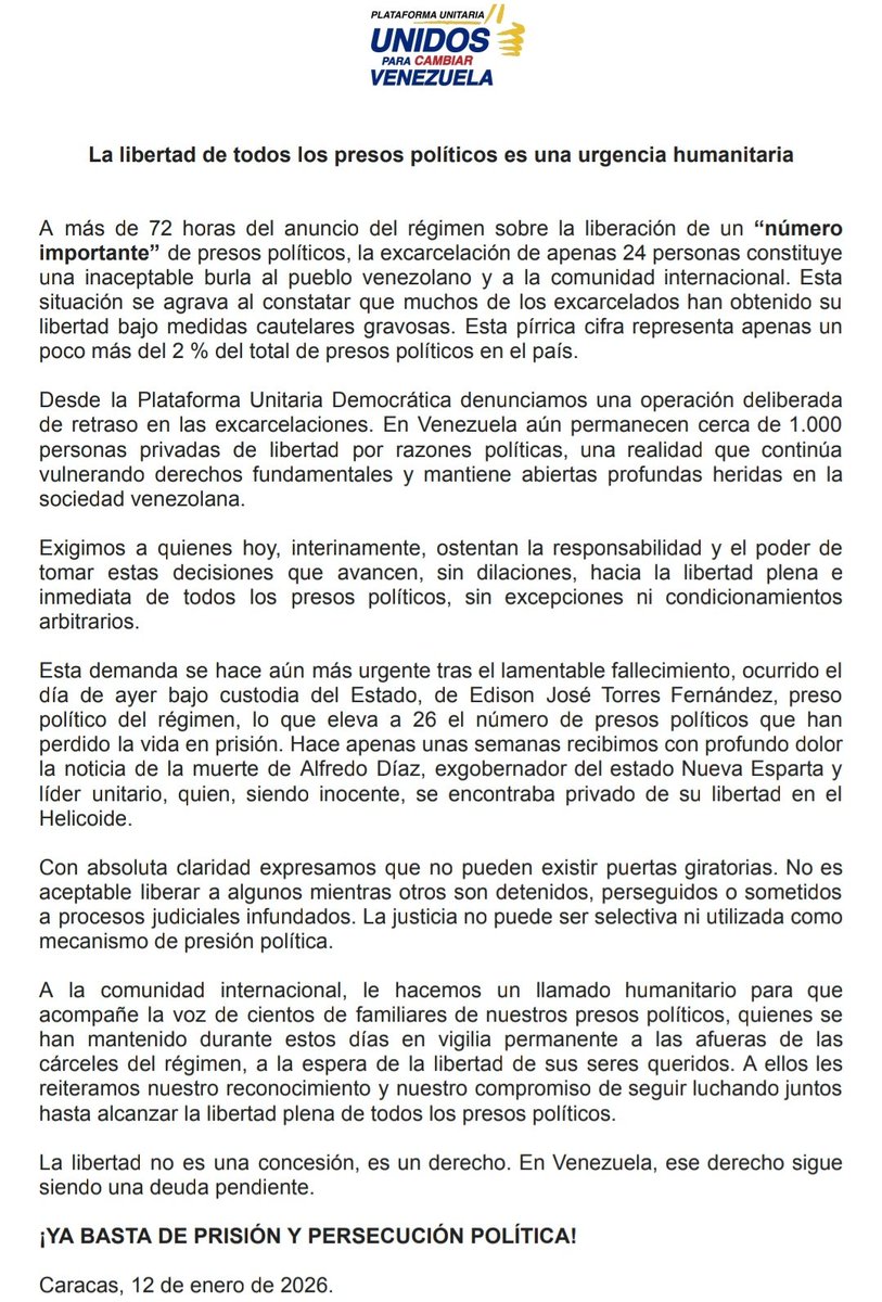 La libertad de todos los presos políticos es una urgencia humanitaria. #Comunicado