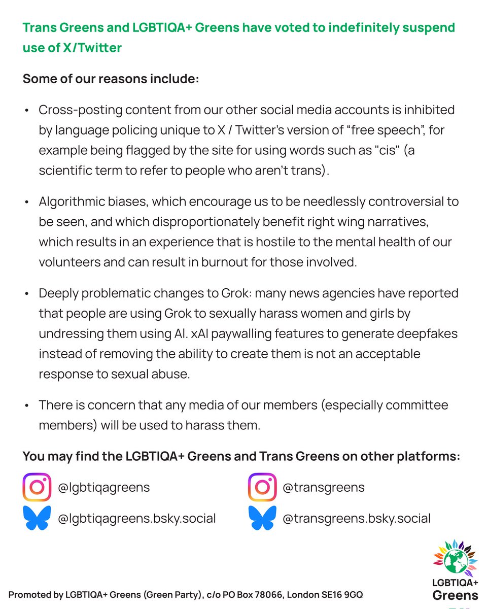 Our AGM and Trans Greens' Interim Committee last week voted to leave X/Twitter. It is quite simply untenable to continue as we were, in the backdrop of everything going on.

lgbtiqa.greenparty.org.uk/2026/01/12/we-…