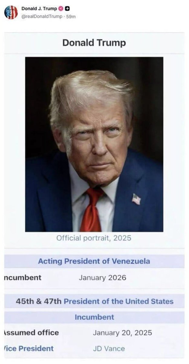 doma_s_soba4koj's tweet image. 🇺🇸 Дональд Трамп провозгласил себя и.о. президента Венесуэлы🇻🇪 опубликовав в соцсети Truth Social скриншот, на котором приписал себе новую должность.