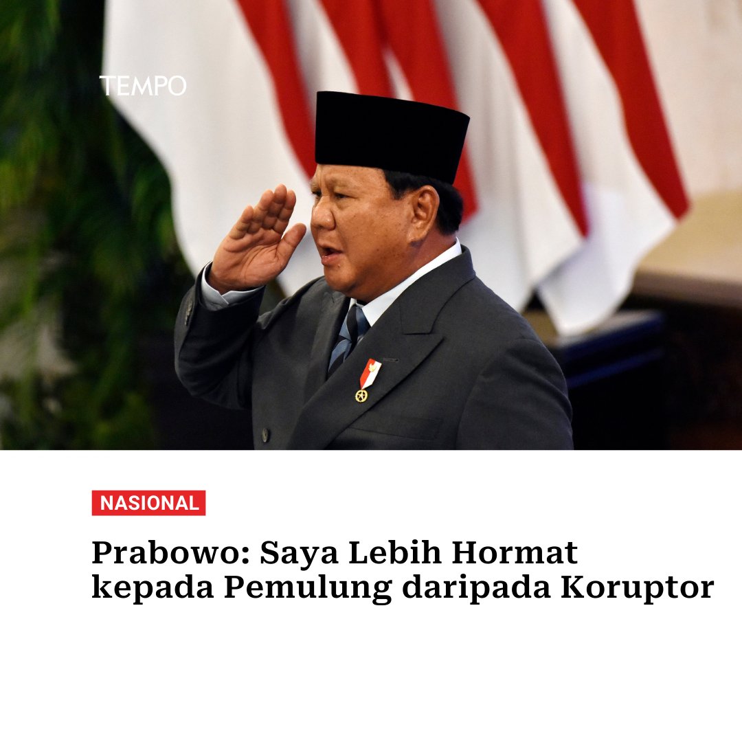 tempodotco's tweet image. Presiden Prabowo Subianto mengaku lebih hormat kepada pemulung maupun tukang becak dibandingkan orang-orang pintar yang berkhianat pada negara.

#Tempodotco
