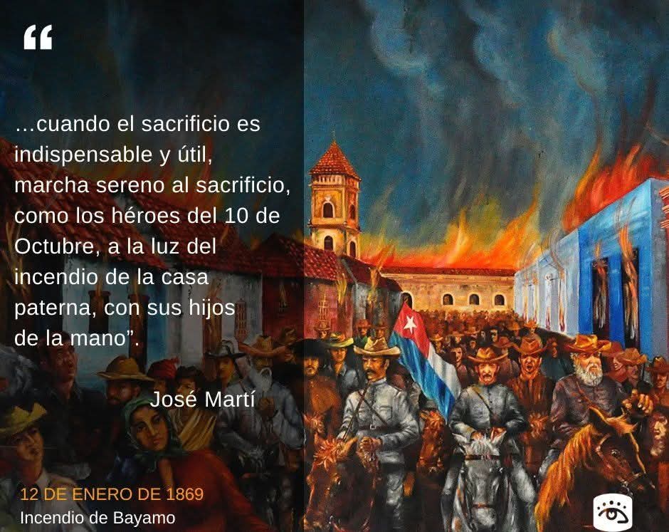 HOY EN LA HISTORIA 12/01/1869
El incendio de Bayamo, un hito en la lucha por la independencia. Sus habitantes, conscientes de que la ciudad sería tomada por las tropas coloniales, eligieron quemarla para que no cayera en manos enemigas. #CubaViveEnSuHistoria #icidca <a href="/CIcidca/">Comunicadora Icidca</a>