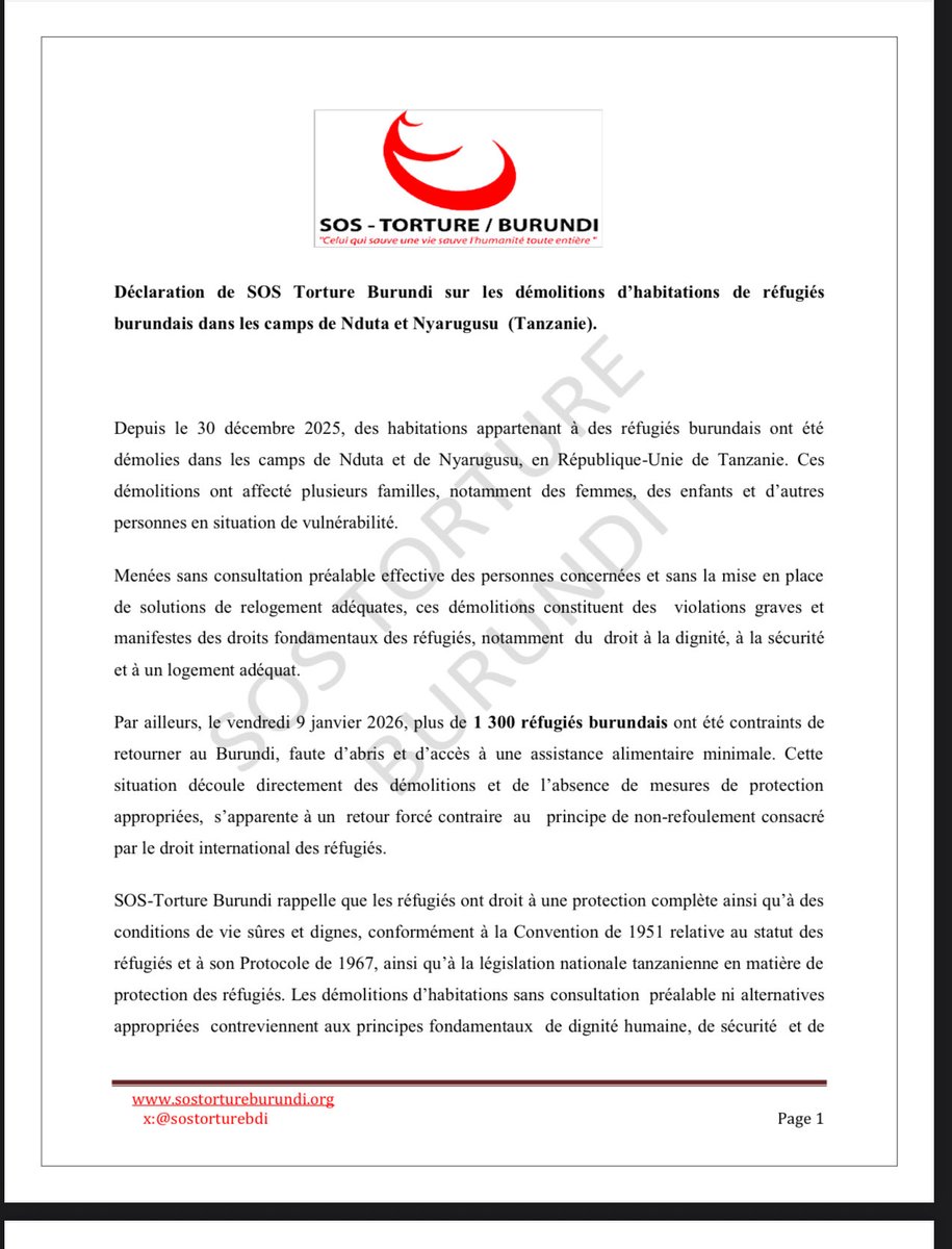 SOS-Torture #Burundi dénonce les démolitions d’habitations de réfugiés burundais dans les camps de #Nduta et #Nyarugusu en  #Tanzanie entraînant des retours forcés au #Burundi.  
Sos Torture #Burundi demande au gouvernement #Tanzanien et au #HCR  d'assurer leur protection
