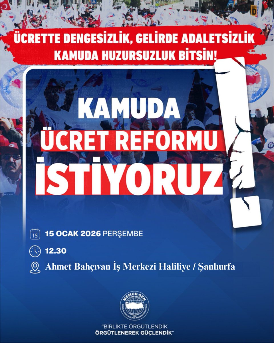 ✔️Ücrette Dengesizlik
✔️Gelirde Adaletsizlik 
✔️Kamuda Huzursuzluk Bitsin!
✔️Kamuda Ücret Reformu İstiyoruz!

2026 yılının ilk maaş günü 15 Ocak 2026 tarihinde kamudaki ücret adaletsizliğini bir kez daha haykırmak için, 
alın terimizin karşılığını almak için 
hak için, 
emek