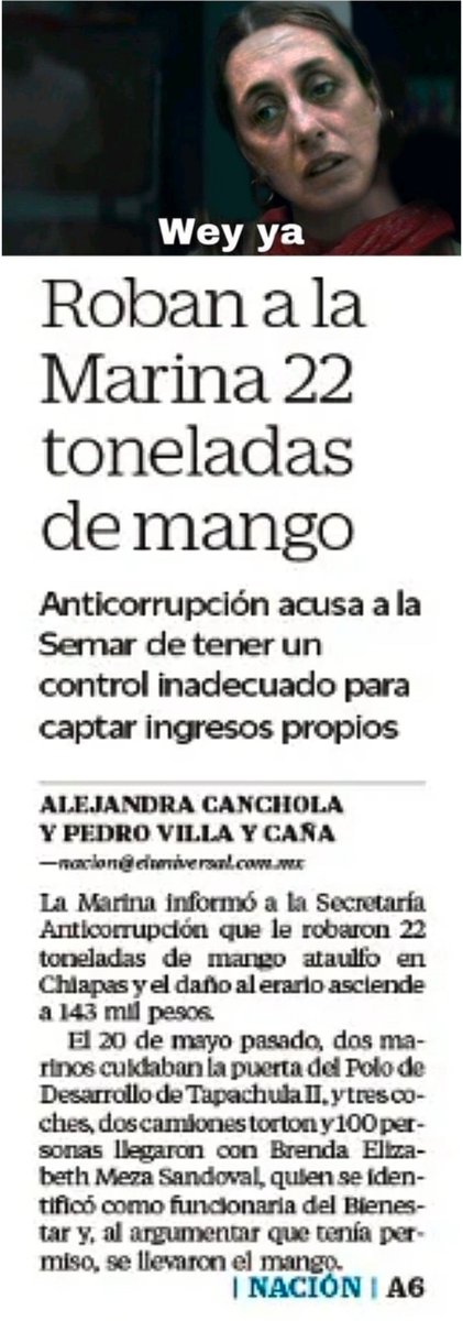 Melissa_Bely's tweet image. ¡ SOPAS !

No es broma..

Le robaron a la Marina..
¡ 22 toneladas de mango ataulfo en Chiapas !

Los engañaron y la perdida fue de...
¡ 143 mil pesos !

Y estos son los que nos van a proteger de una invasión.

Lo bueno que tenemos el Himno Nacional de la científica...

🤦🏼